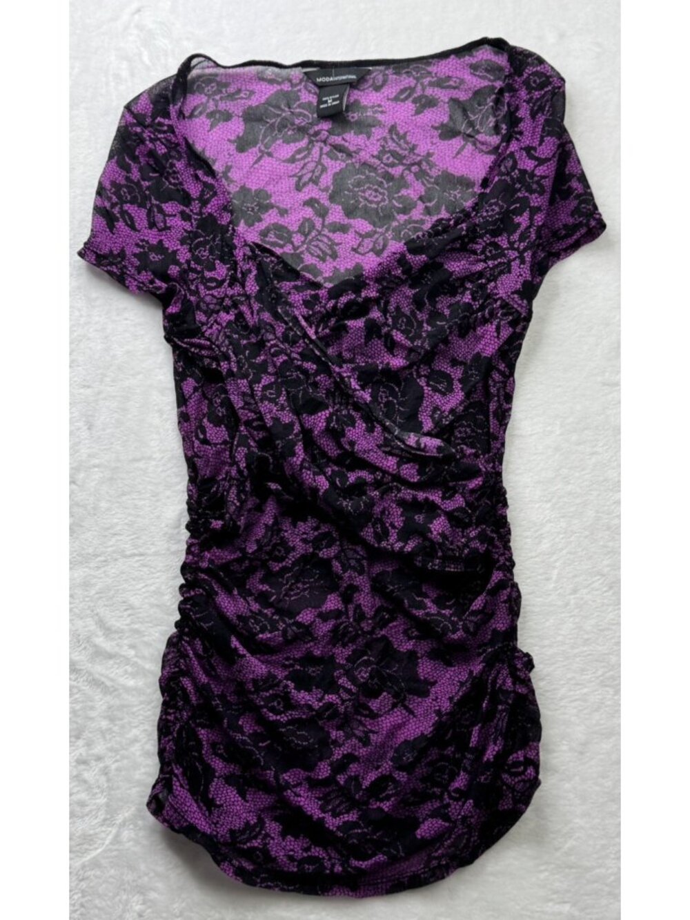 Moda International Size M Womens Top Sheer Black Purple Wrap Front Ruch Sides